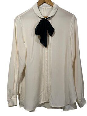Anne Fontaine Silk Blouse Pleated Button Up Neck Bow Ivory Sz 42 US 12 Feminine